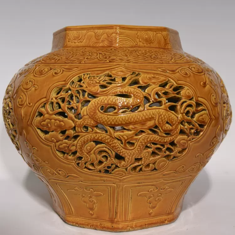 古玩古董海外回流精品瓷器陶瓷明娇黄釉镂空雕刻云龙纹八方大罐-Taobao 
