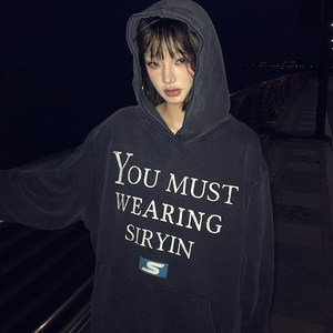 
American retro letter printed hooded sweatshirt for women with velvet wash and old jacket hoodie loose top trendy