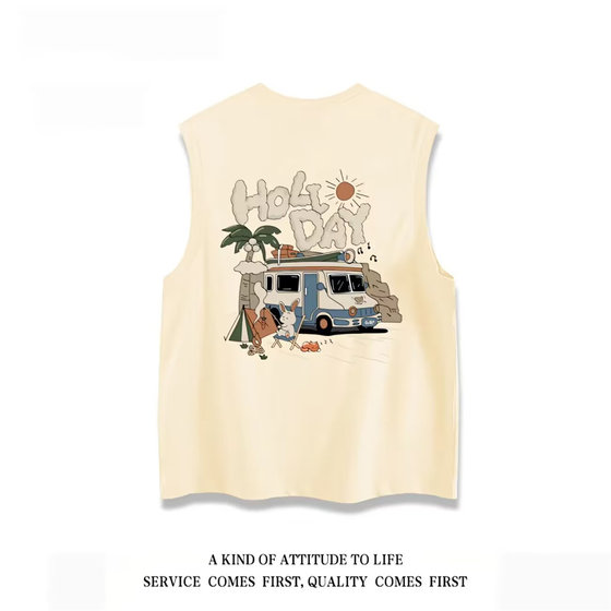 
Heavy pure cotton American retro fun printed sleeveless vest couple style summer versatile trendy cut-sleeved T-shirt for men