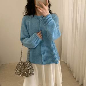 
Mohair Korean style round neck knitted cardigan for women, loose, age-reducing and slimming blue sweater jacket