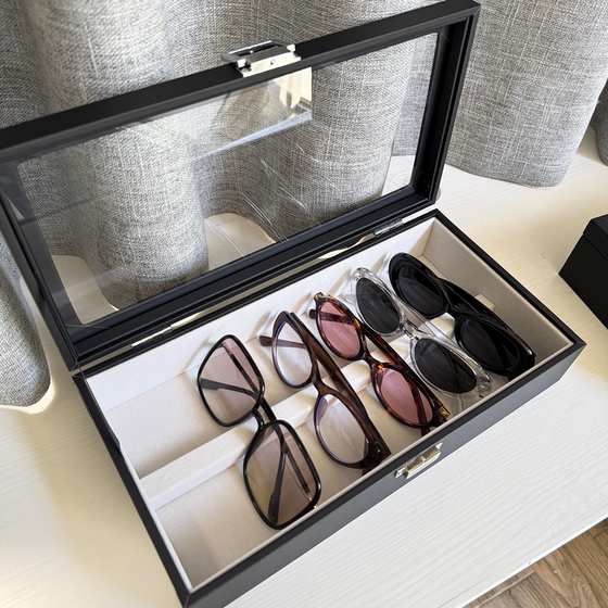 
Large capacity glasses box high-end black PU leather velvet cloth sunglasses box transparent glass sunglasses display placement rack
