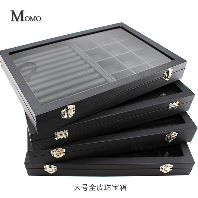 Large PU leather jewelry storage box transparent glass cover large capacity medium earring box ring earring display box
