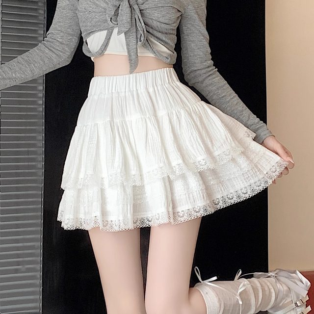 Large size white French ballet style fluffy cake skirt summer ruffled skirt high waist A-line lace skirt