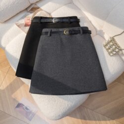 Fat Sister's Gray A-Line Woolen Skirt for Women, New Spring Style Woolen High-Waisted Short Skirt Pants, Anti-Exposure Hip-Hugging Skirt