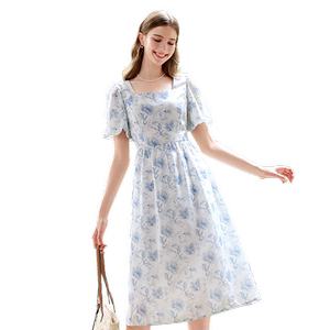 
betu Baitu blue floral square collar dress for women 2025 summer new high waist printed skirt midi skirt