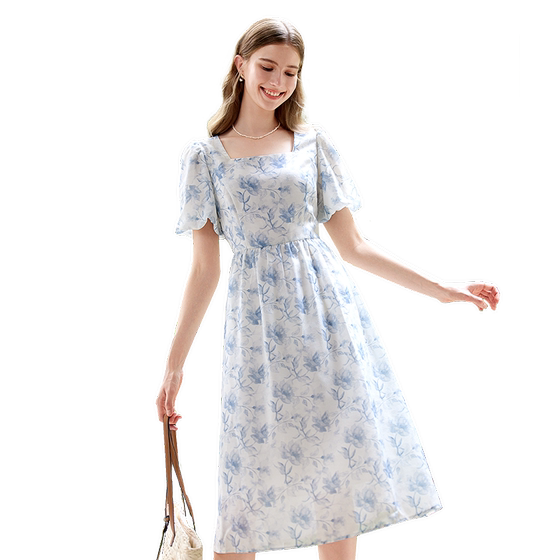 
betu Baitu blue floral square collar dress for women 2025 summer new high waist printed skirt midi skirt