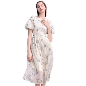 
Baitu puff sleeve high waist printed dress 2025 summer new fairy chiffon skirt mid-length skirt