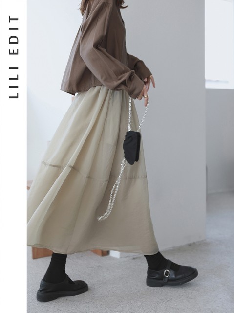 LILI EDIT/high waist slim mid-length A-line gauze fluffy skirt for women in autumn small skirt