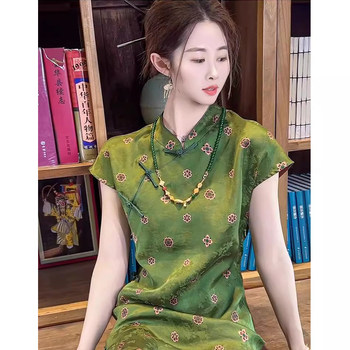Julefei large size high-end green white temperament Chinese style dress for women summer short-sleeved cheongsam women new Chinese women's clothing
