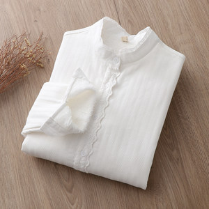 
2025 autumn and winter new style student versatile collar lace plus velvet thickened white shirt for women long-sleeved warm bottoming shirt