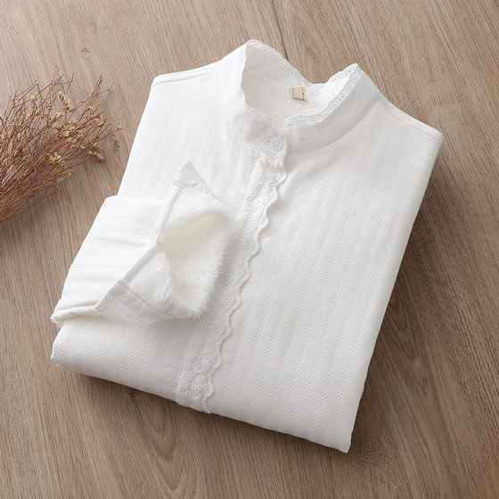 
2025 autumn and winter new style student versatile collar lace plus velvet thickened white shirt for women long-sleeved warm bottoming shirt