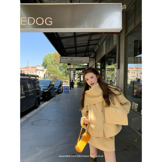 
aaaaxbbb French toast super heavy duty camel wool double-sided woolen stand-up collar coat A-line skirt suit