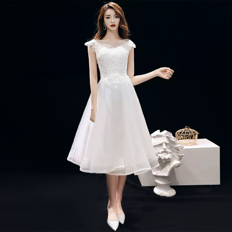 晚礼服2023新款长款宴会结婚登记领证小白裙伴娘服生日派对连衣裙-Taobao