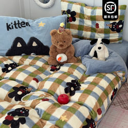 Dopamine Little Black Cat Milk Velvet Warm Four-Piece Set ins Korean Style Thickened Double-Sided Coral Fleece Duvet Cover 1.8 Bed Sheet