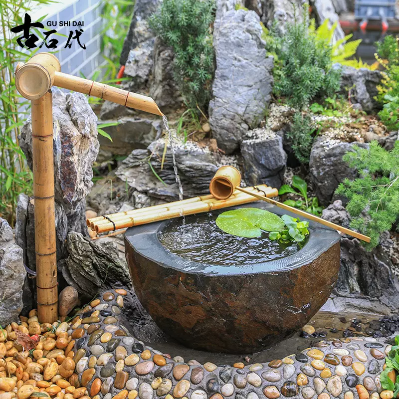 日式庭院水槽石槽流水驚鹿滴水戶外石鉢蹲鋸造景裝飾別墅花園水鉢-Taobao