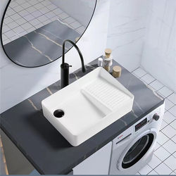 Nordic Style Ceramic Countertop Basin with Washboard, Left and Right Side Drainage, Balcony Wash Basin with Partial Drainage