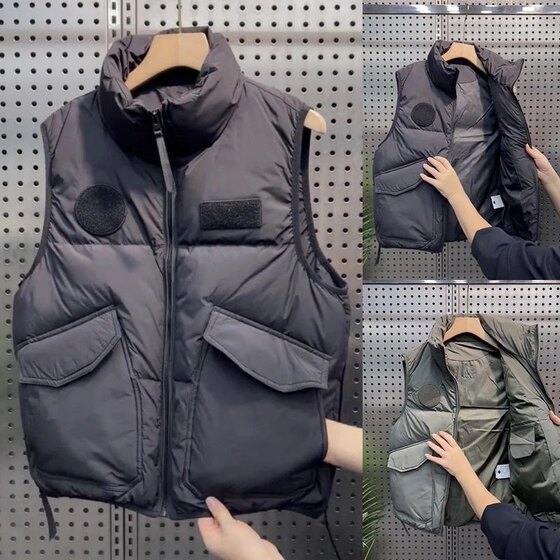 Winter new down jacket vest male workers are equipped with lingering plus cotton shoulder leisure and warm self -cultivation pure color vest jacket