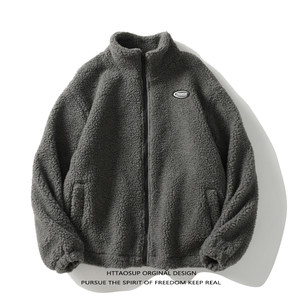 
HTTAOSUP Retro Simple Labeled Lamb Wool Jacket Men's Trendy Brand Street Loose Plush Warm Couple Cotton Coat