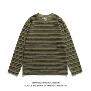 
HTTAOSUP autumn design sense striped retro long-sleeved T-shirt men and women trendy casual round neck loose pullover top