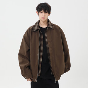 
WASSUP trendy American retro solid color lapel jacket for men and women, loose and versatile, high-end brown casual jacket