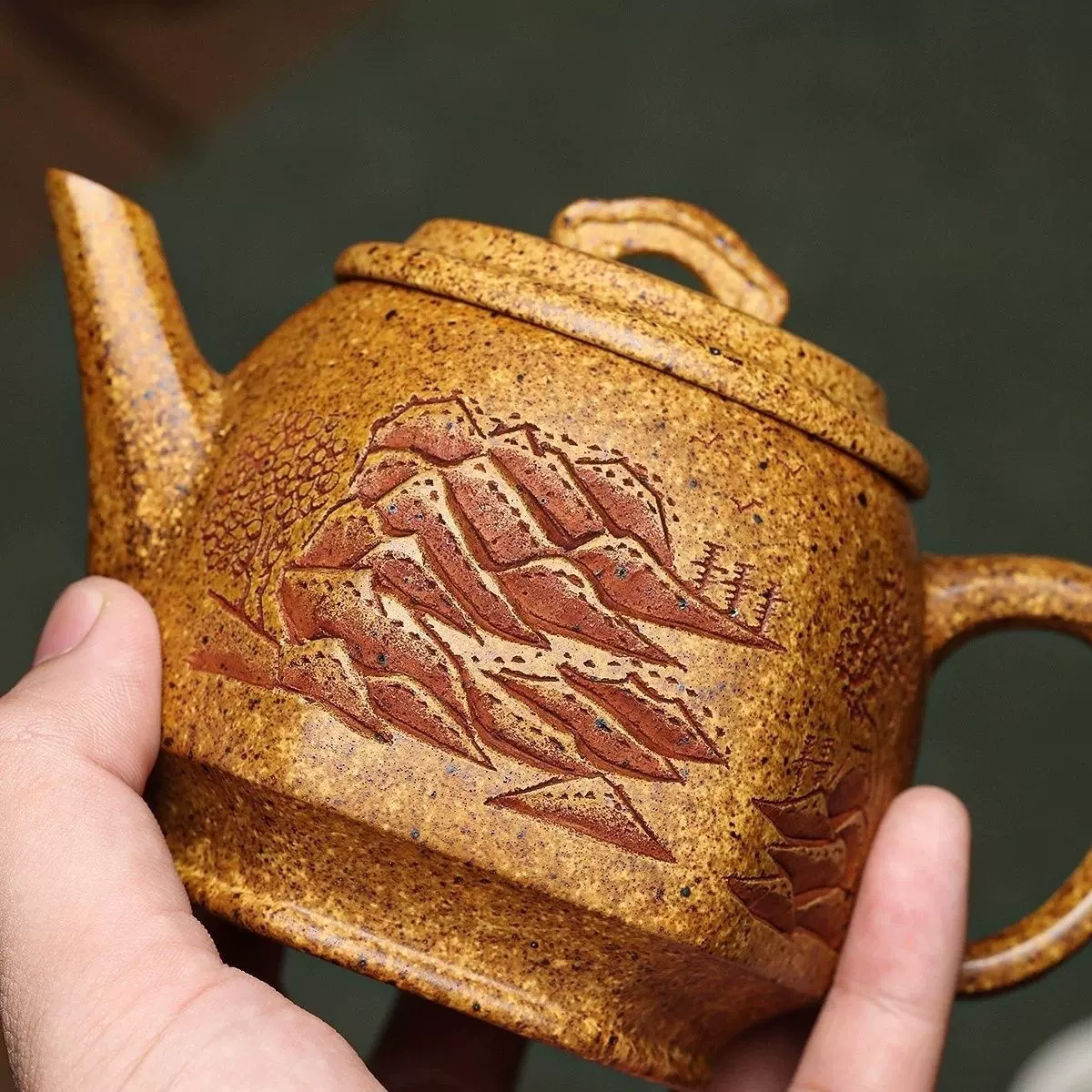 六方观山壶300cc 宜兴纯手工刻绘高温段泥紫砂壶龙骨金砂手制茶壶 