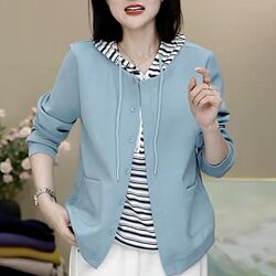 Age-Reducing Women's Clothing, Loose Casual Pure Cotton Hooded Sweatshirt, Fashionable Women's Fake Two-Piece Versatile Long-Sleeved T-Shirt Cotton Top