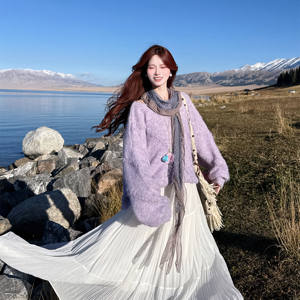 
Purple pullover long-sleeved lazy autumn and winter new retro style versatile loose Korean style ins trend top