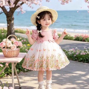 
0-13 years old girls dress with hat, new summer style sweet heavy industry embroidered princess dress tutu skirt