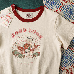 Xie Xianshen Summer Good Luck Koi Chinese Fun Illustration T-Shirt Vintage Distressed Pure Cotton Short Sleeve T-Shirt for Men and Women