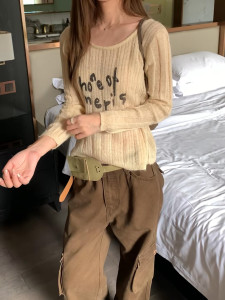 韩系软糯字母印花设计感毛衣弹力针织薄款圆领百搭显瘦上衣秋新款