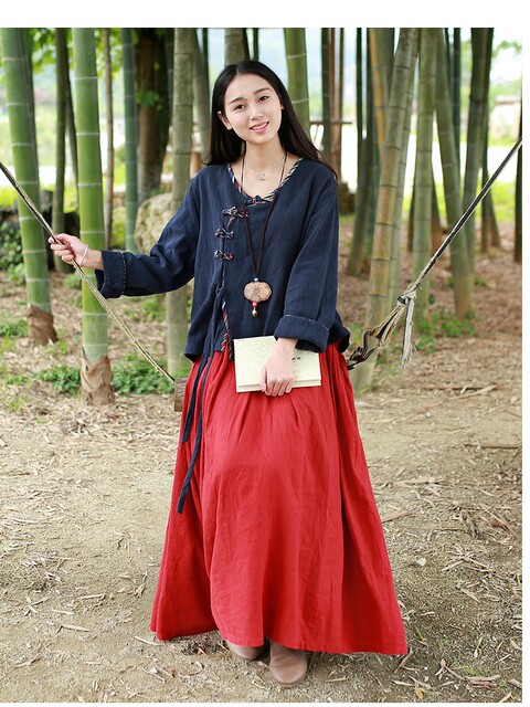 Spring and Autumn Solid Color Large Pocket Skirt Literary Retro Cotton and Line Long Skirt Half Body A-line Skirt Red Big Swing Umbrella Skirt