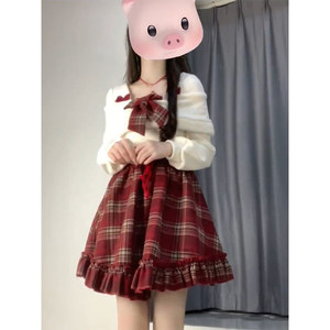 
Korean retro sweet girl style New Year red plaid bow waist slimming female student atmosphere high waist skirt