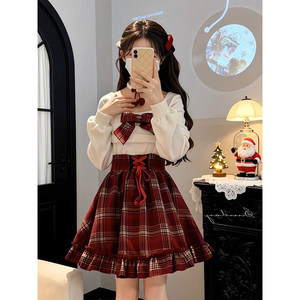 
Fashionable sweet girl style casual winter new Christmas and New Year red plaid bow high-waisted slim dress