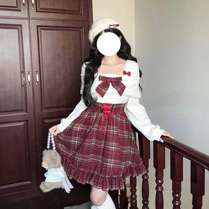 
French sweet girl New Year's atmosphere small skirt red plaid bow tie waist slimming high waist dress for women