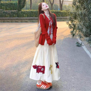 
Korean style outfit a complete set of sweet little red cardigan shawl sweater for women 2025 spring cartoon skirt