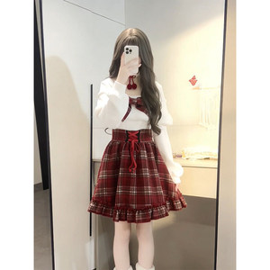 
Cute and super sweet style New Year red plaid bow high waist dress for women slimming and atmospheric fairy skirt