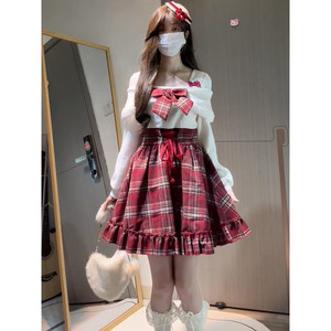 
Winter Christmas atmosphere, gentle style and beautiful A-line skirt for women, fake two-piece plaid bow high-waisted dress