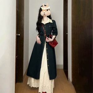 
Korean version of simple commuting style single-breasted college denim long dress for women with slim waist and slim A-line long skirt