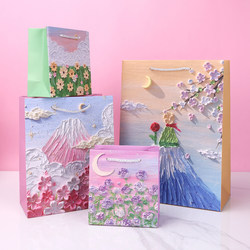 Creative Oil Painting Gift Bag, Artistic Tote Bag, Exquisite Holiday Gift Bag, Pink Packaging for Men and Women's Birthdays, Gift Paper Bag