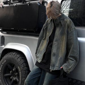 
American retro washing yellow mud dyed blue stand-alone denim jacket men's handsome loose zipper jacket top trendy
