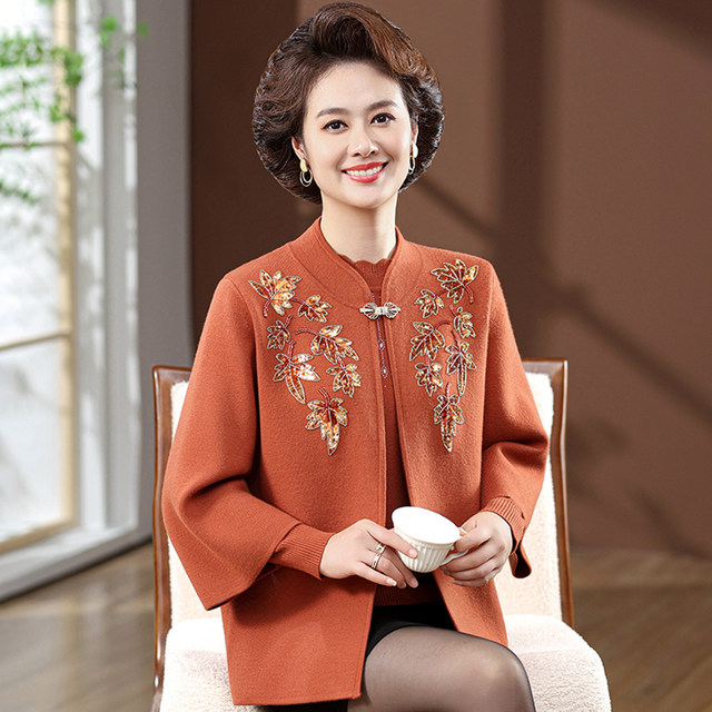 Middle-aged and elderly mothers' new autumn and winter two-piece sweater tops and grandma's outfits with western style embroidered knitted cardigan sets