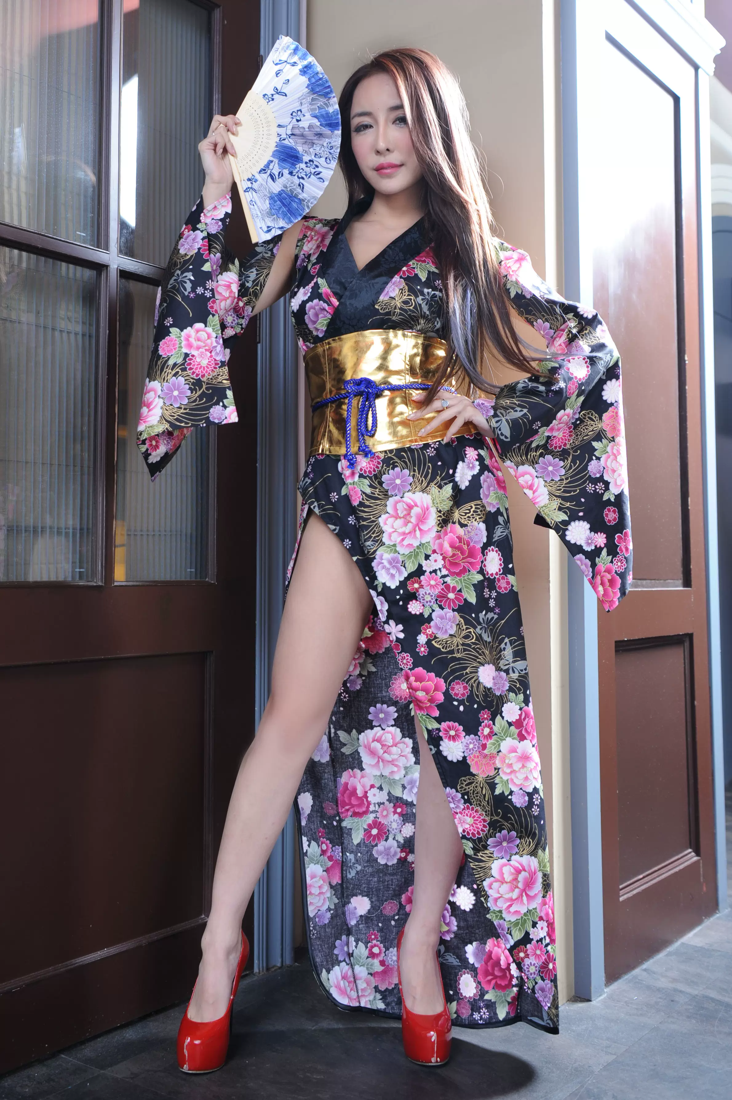 性感碎花和服旗袍高開叉性感露腿和服修身長版表演