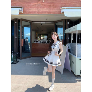 
Chilly umbrella Yale sweetheart College style navy collar shirt lace-up waist dress short/long summer