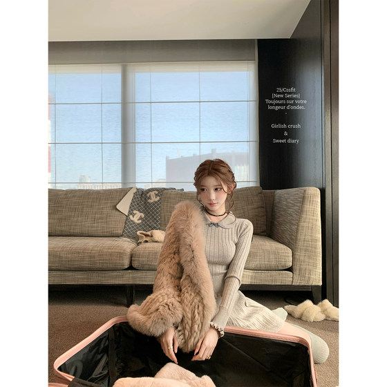 
Chi Umbrella 25/fw Gray Hyacinth Peter Pan Collar Bow Knitted Top Pleated Skirt Suit