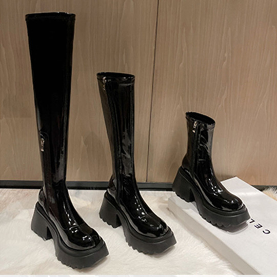Stivaletti Donna In Pelle Vernice Autunno Inverno, Stivali Al Ginocchio, Gomma, Tacco Comodo