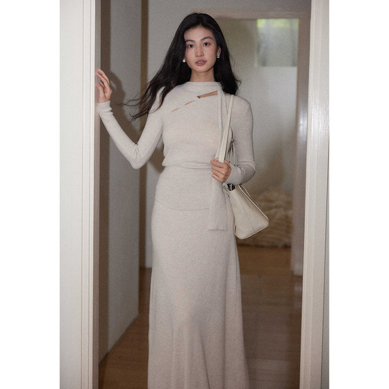 
Eryang Design [An Lan] French Gentle Temperament Scarf Collar Top High Waist Skirt Slim Knit Set