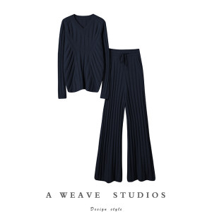 
Beauty! Improve temperament!! Thickened V-neck cashmere sweater for women's suit pure cashmere pants for women straight trousers two-piece set