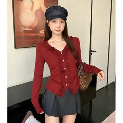 Red Ruffled V-Neck Long-Sleeve T-Shirt for Women, 2025 Autumn and Winter New Style, Plus Size, Flattering Sequin Top