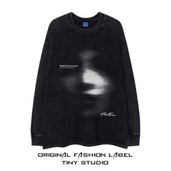 American-Style Distressed Washed Blurred Illusion Long-Sleeve Retro High Street Hip-Hop Streetwear Oversize Autumn and Winter Loose T-Shirt