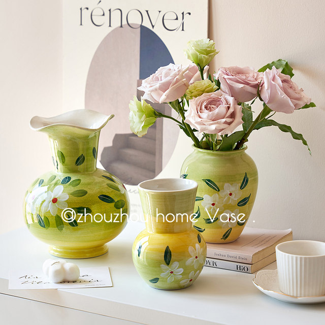 New Chinese style hand-painted ceramic vase ornaments, living room flower arrangements, high-end light luxury style home decorations, housewarming gifts